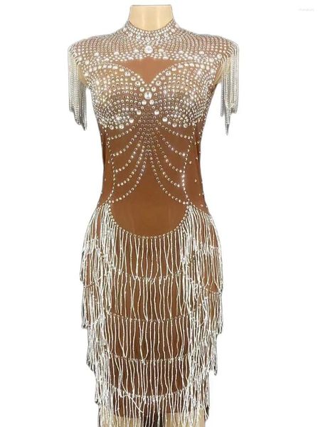 Bühnenkleidung Quaste Etuikleid Kristall Strass Skinny Frauen Party Prom Formal Cosplay Nachtclub Sänger Kostüm