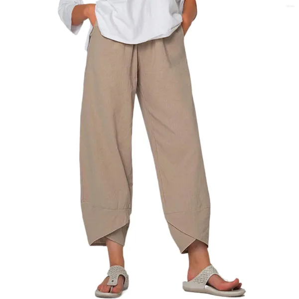 Pantaloni da donna Pantaloni Capri da donna Poliestere Gamba larga kaki con tasche Regalo estivo Elastico traspirante in vita Harem Casual a pieghe larghe