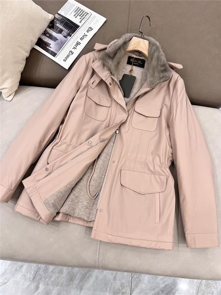 Loro Piano Trench Coats e casacos femininos de inverno com gola de vison e chapéu corta-vento