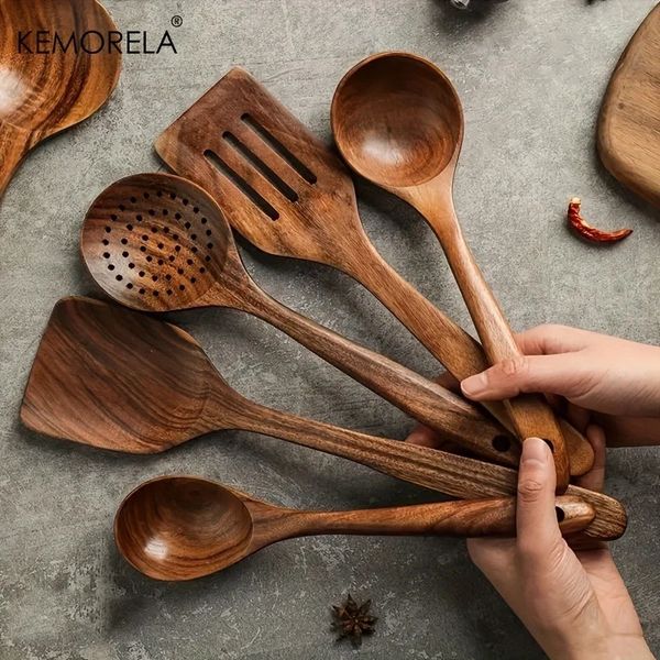 5 PZ Thailandia Teak Cucchiaio da cucina Cucina in legno naturale Stoviglie Strumento Mestolo Turner Riso Colino Zuppa Skimmer Scoop Utensili 240125