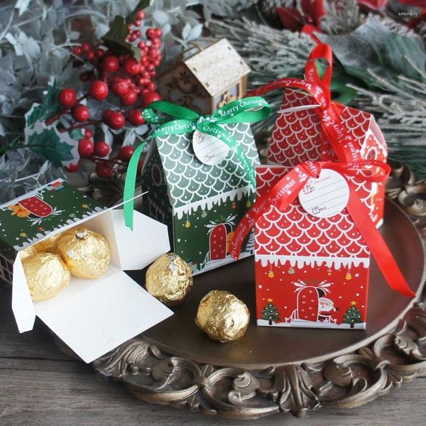 Envoltório de presente 10 pcs vermelho verde feliz natal neve casa caixa de papel como doces biscoito doce embalagem festa favores presentes diy uso