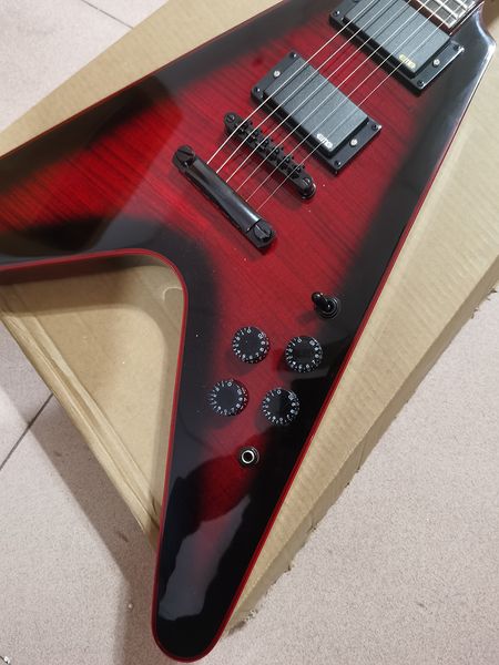 Chitarra elettrica rossa Flying V Black Ring, accessori elettronici neri, custodia per batteria, parte anteriore del corpo 3A top in acero fiammato in stock