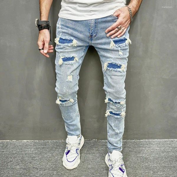 Jeans da uomo Moda Street Style Fori Patch Pantaloni skinny Primavera Uomo Strappato Solido Slim per pantaloni in denim