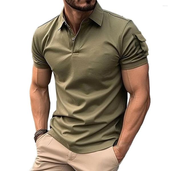 Polos masculinos de manga curta camisetas topos botão lapela colarinho masculino camiseta casual esportes magro cor sólida pullovers homem roupas