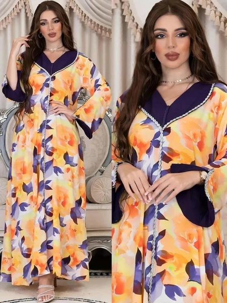 Roupas étnicas Eid Muslim Party Dress para Mulheres Marrocos Imprimir Vestidos Ramadan Lace-up Abayas Kaftan Islam Bordado Dubai Árabe Longo Robe