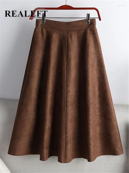 Юбки REALEFT, осень-зима 2024, женские замшевые миди с высокой талией, однотонные, элегантные, женская юбка трапециевидной формы с зонтиком