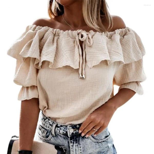 Blusas femininas gola plissada blusa camisa design simples chique cor sólida primavera verão fora do ombro feminino topos para compras