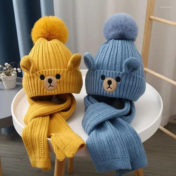Berets crianças urso chapéu e cachecol conjunto meninas meninos bebê lã mais veludo para manter quente criança pulôver de malha