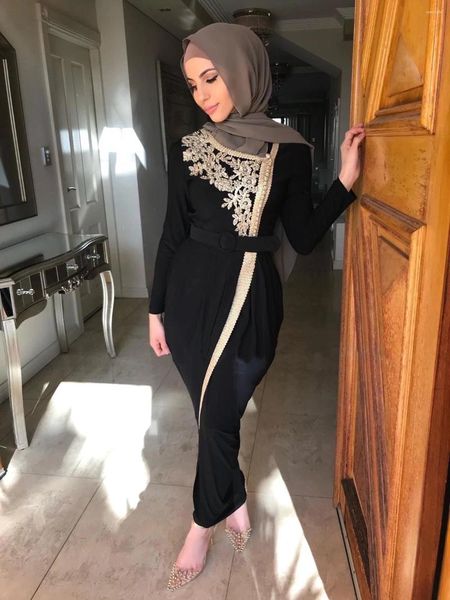 Roupas étnicas Frisado Abaya Cinto Dividir Vestidos de Festa Golden Trimmings Mulheres Muçulmanas Vestidos Islâmicos Vestido Longo Hijab Kaftan Ramadan