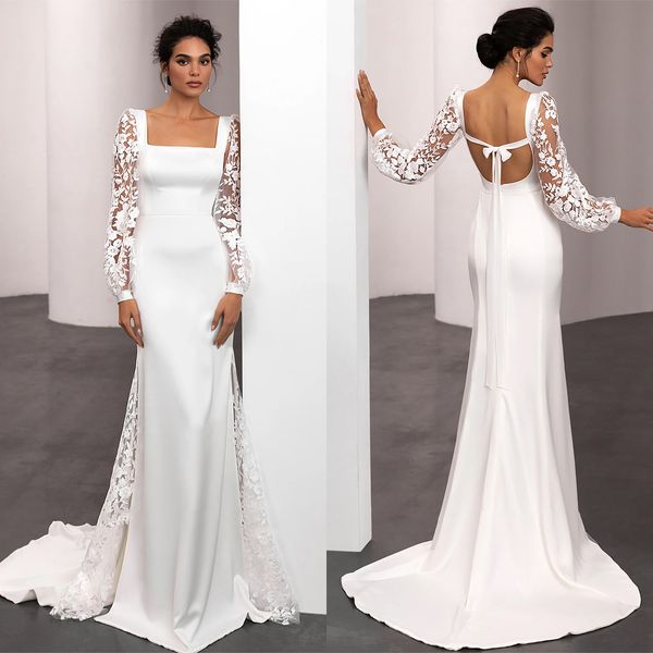 Boho Meerjungfrau Brautkleider Satin Spitze Square Neck Langarm Applikationen Robe De Soiree Brautkleider Strand rückenfreies Brautkleid