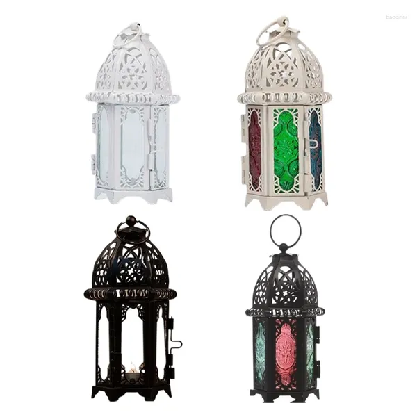 Portacandele Portacandele in metallo marocchino Lanterna a vento in vetro Lanterne sospese per interni ed esterni Decorazione da giardino
