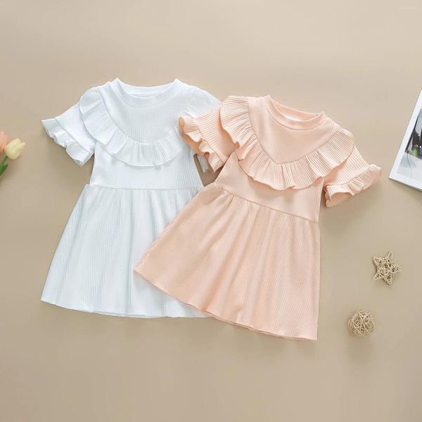 Vestidos de menina vestido infantil canelado manga curta gola redonda babados punhos na altura do joelho crianças casual verão