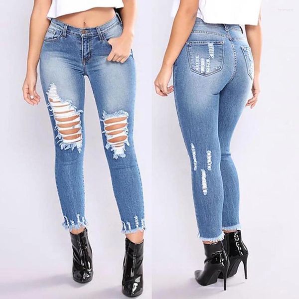 Женские джинсы-карандаш, джинсовые брюки, рваные ягодицы, заниженная талия, эластичные тонкие сексуальные карманы на пуговицах для женщин