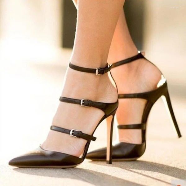Модельные туфли, пикантные туфли на шпильке с тремя ремешками, черные кожаные сандалии с пряжкой и острым носком, женские сандалии с ремешками, размер 45