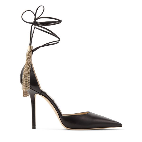 Yeni kadın sandalet pompaları Londra Eris 100 mm topuklu siyah altın deri uzun püsküllü ayak bileği kayışları sivri ayak parmakları tasarımı İtalya popüler düğün partisi sandalet yüksek topuk ayakkabı