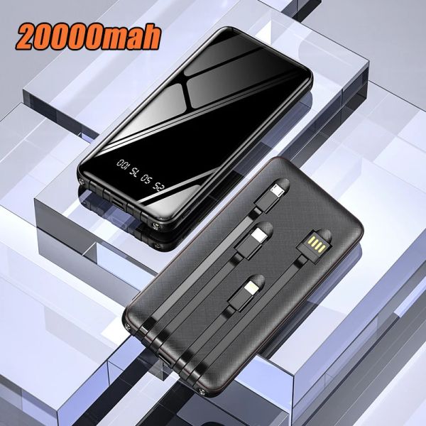 Внешний аккумулятор емкостью 20000 мАч, встроенный кабель, внешний аккумулятор с двойной светодиодной подсветкой, внешний аккумулятор для быстрой зарядки, повербанк для iPhone Xiaomi
