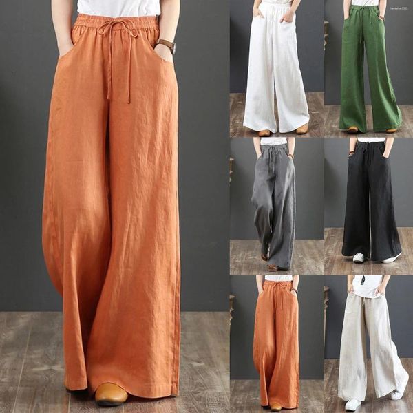 Damenhose, Damenhose mit Tasche, Sommer, hohe Taille, Baumwolle, Leinen, Palazzo, weites Bein, Retro, einfarbig, schwarz, weiblich