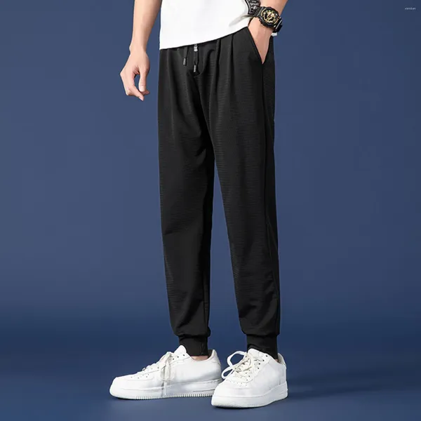 Calças masculinas com bolsos profundos solto ajuste casual malha cordão jogging calças para bolso streetwear