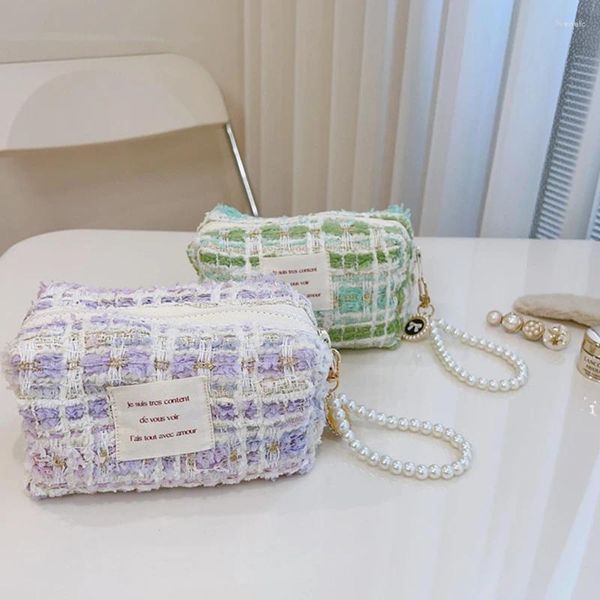 Sacos cosméticos elegante portátil pulso pequeno saco quadrado bonito doce menina jóias armazenamento compõem portátil andando e dobrando bolsa