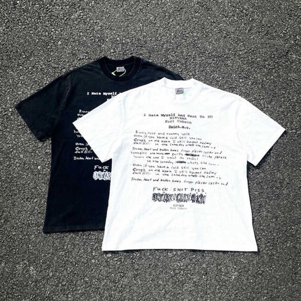 Мужские футболки Винтажная потертая потертая с короткими рукавами Кирт рукопись Курт Кобейн Американская повседневная свободная футболка vtg