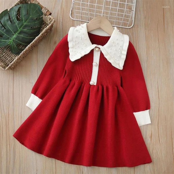 Abiti da ragazza bavero perle ragazze vestono autunno inverno lavorato a maglia a maniche lunghe per bambini maglione per bambini per abiti in costume da festa di compleanno