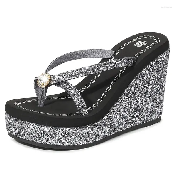 Pantofole Estate Donna Piattaforma Tacco alto Zeppe Sandali Paillettes Strass Scivoli da spiaggia Infradito da donna Scarpe casual femminili