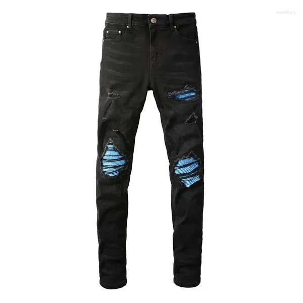 Jeans masculinos EU Drip Denim Preto Angustiado Bigode Blue Ribs Patchwork Slim Fit Danificado Buracos Stretch Ripped Rasgado