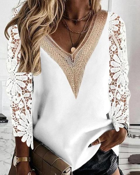 Mulheres camisetas 2024 Mulheres Crochet Lace Patch V-Pescoço Top Casual V Pescoço Manga Longa Pulôver Camisola Senhoras Tops Womens Roupas Femininas