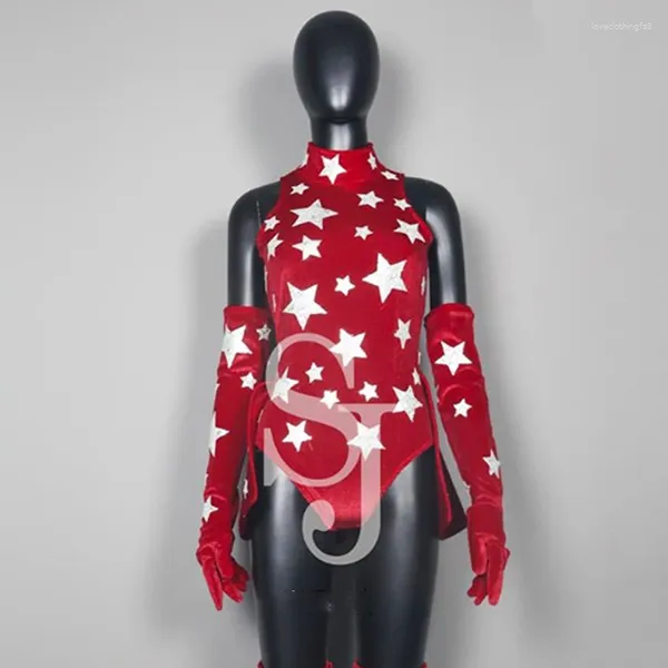 Palco desgaste vermelho veludo bodysuit pólo dança traje prata estrela gogo roupas luvas perna capa mulheres jazz desempenho vdb7941