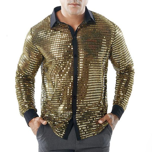 Mens brilhante festa dança bling topos retro 70s discoteca camisa brilhante lantejoulas palco topo único breasted desempenho roupas 240201