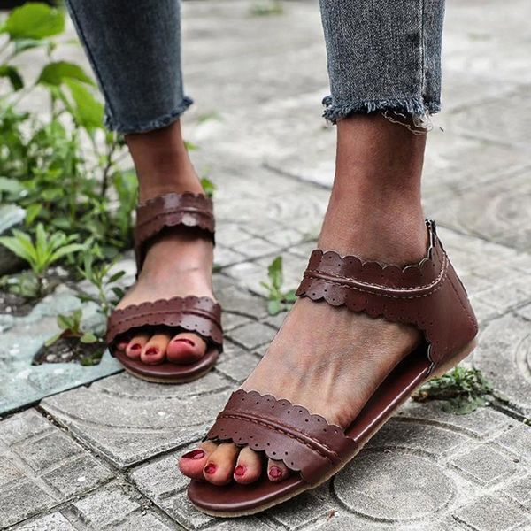 Sandalen mit Reißverschluss, flacher Zehenbereich, Reißverschluss, Damen, offen, Sommer, solide Freizeitschuhe, Vintage-Stil, Damen, Keilabsatz