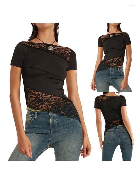 Mulheres camisetas Mulheres Y2K Lace Patchwork Camisa Estética Manga Curta Assimétrica Tees Verão Sexy Slim Fit Saindo Crop Tops