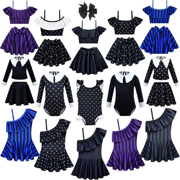 Set di abbigliamento Summer Beach Girls Costume da bagno del mercoledì Addams Family Set Holiday Party Stile gotico Bambino Costumi da bagno a righe floreali neri