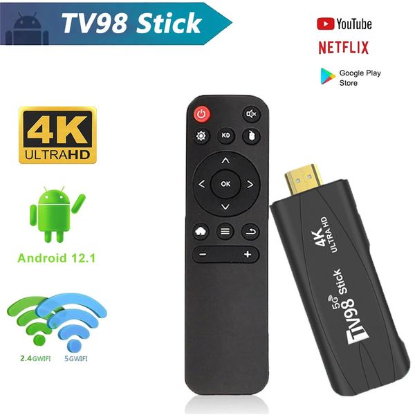 Smart TV Stick 4K HD TV98 Android 121 Box 24G5G WiFi H265 HEVC Network Media Set Top com controle remoto 240130