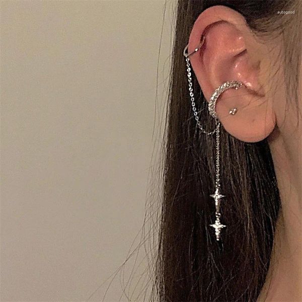 Brincos pendurados brilhantes, cor prateada, borla de cristal, sem piercing, clipe de orelha, brinco para mulheres, strass, estrela, piercing de cartilagem falsa