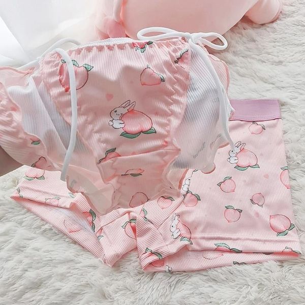 UNDUPANT 2 PCS Sevimli Çift Set Set Erkekler Boksör Şort Loli Dantel Külot Konu Pamuk Külot Rahat Sevenler Lingerie