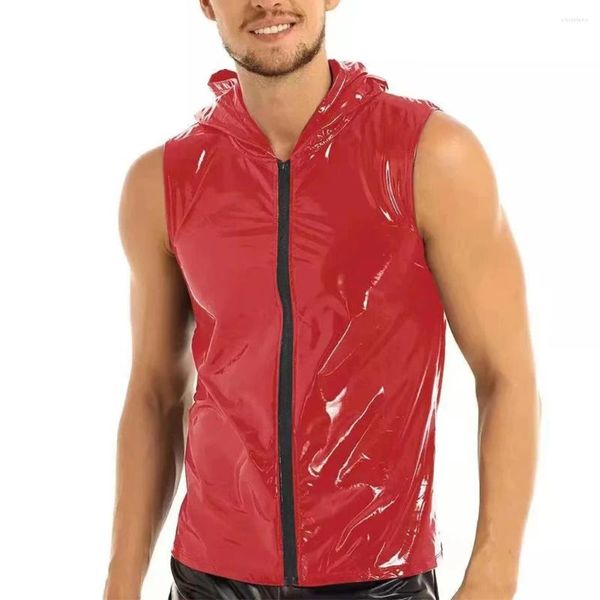 Canotte da uomo Moda Uomo Effetto bagnato Gilet con cappuccio in ecopelle T-shirt senza maniche Zip-up Solido Nero Rosso Gilet T Shirt per uomo Abbigliamento