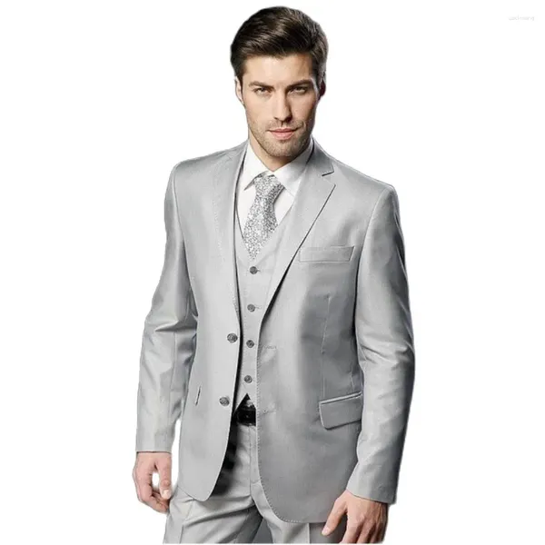 Herrenanzüge Hellgrau Männer Slim Zwei Knöpfe Bräutigam Kerbe Revers Mann Hochzeitskleid Prom Blazer 3 Stück Jacke Hose Weste