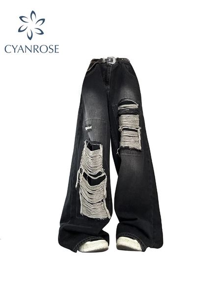 Mulheres gótico preto jeans cintura alta vintage coreano moda y2k streetwear rasgado calças harajuku casual perna larga denim calças 240201
