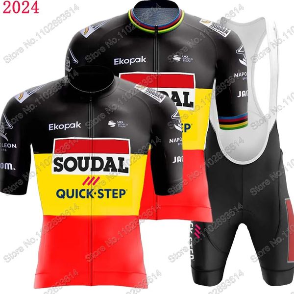 Team Soudal Quick Step 2024 Bélgica Conjunto de camisa de ciclismo Campeão mundial Roupas de bicicleta de estrada Camisas Terno Bib Shorts MTB Wear 240131