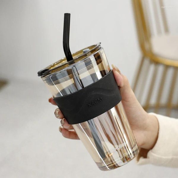 Tassen 450 ml Kaffee Glas Tasse Hitzebeständige Becher Wein Gläser Tragbare Versiegelte Wasser Taste Mit Strohhalme Milch Tee Reise geschenk