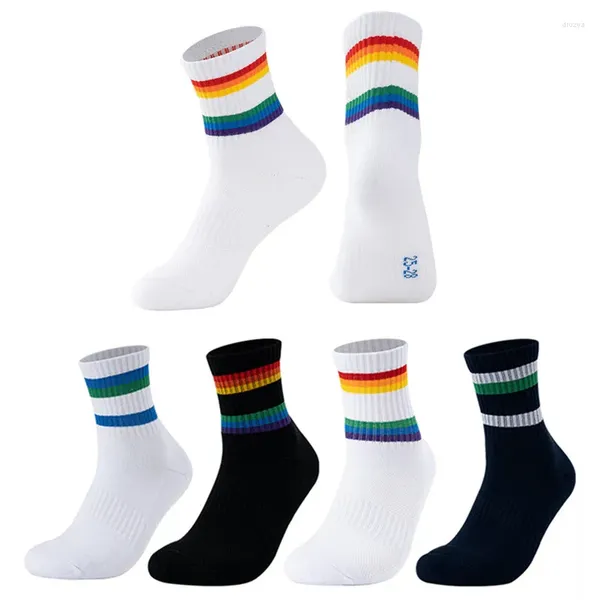 Meias masculinas listradas homens algodão respirável tripulação de negócios sólido cavalheiro sox sokken esportes ao ar livre branco preto presente