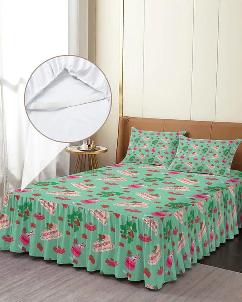 Saia de cama delicioso bolo de morango verde elástico colcha com fronhas capa de colchão conjunto de cama lençol