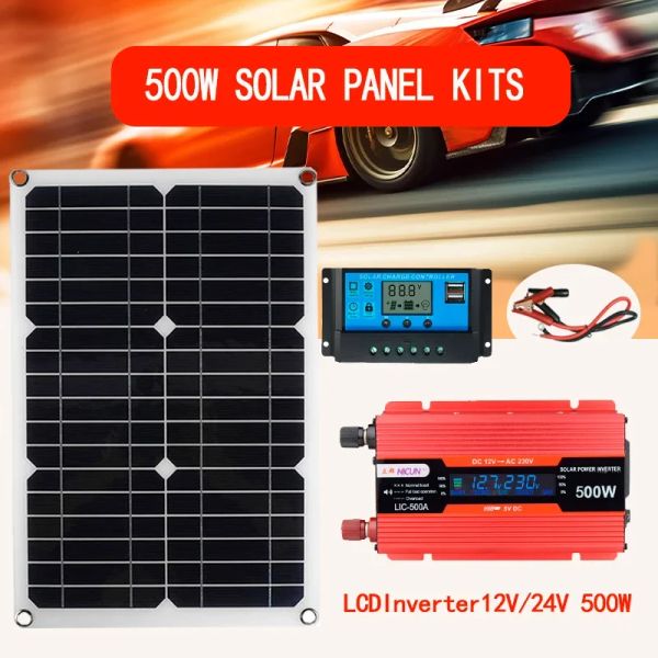 500w inversor de energia solar 110v/220v sistema de painel solar 12v placa solar controlador de carga da bateria gerador de energia completo