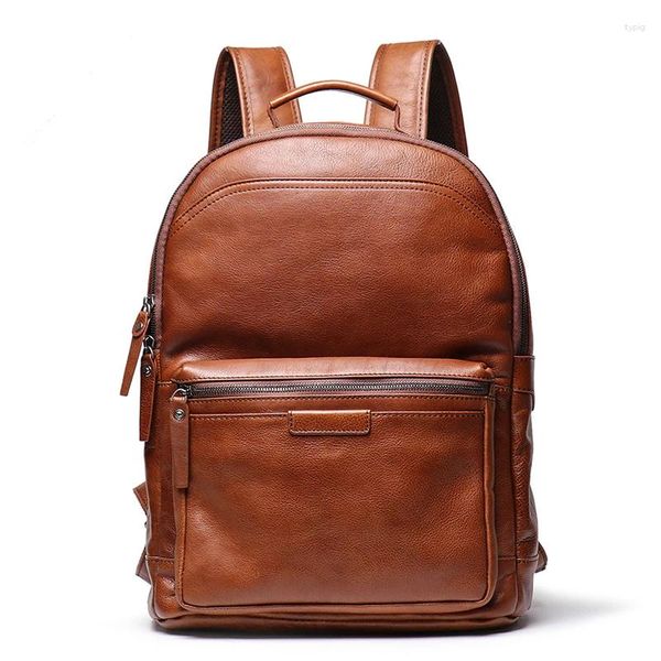 Rucksack aus natürlichem echtem Leder für Herren, 15,6-Zoll-Laptop-Taschen, Reiserucksack, Schultasche, männlich, Vintage-Stil, Braun, Kaffee