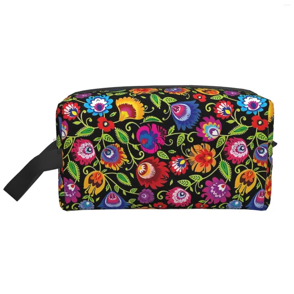 Borse per cosmetici Polonia Fiori polacchi Arte popolare floreale Custodia da viaggio Custodia per trucco vintage Borsa grande da donna Articoli da toilette portatili