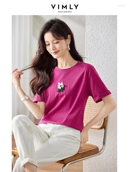 T-shirt da donna Vimly Flowers Turf Ricamo Camicia estiva per le donne Ragazze 2024 Semplice Tee Casual Allentato Manica corta in cotone Top