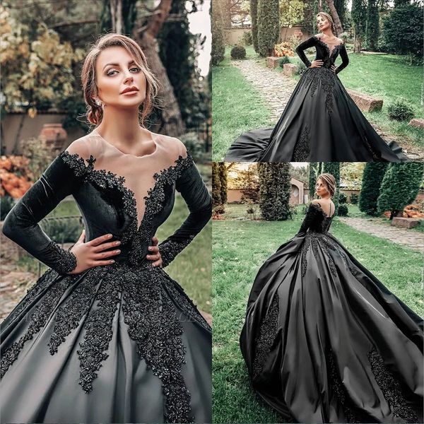 Vintage preto gótico floresta país vestidos de casamento vestido de baile sheer pescoço manga longa appliqued swee trem vestidos de noiva plus size maternidade espartilho volta