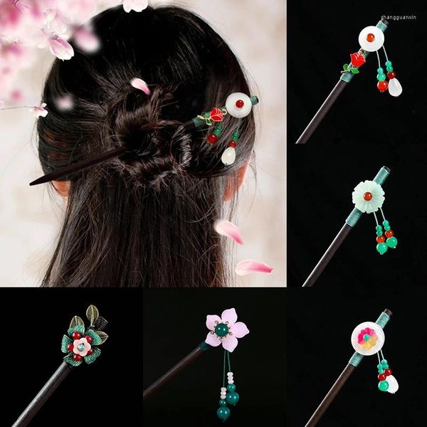 Saç klipsleri klasik çiçek püskül el yapımı çubuklar çubuklar etnik Çin ahşap saç tokaları klips düğün takılar kadınlar için