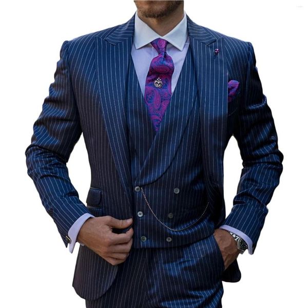 Мужские костюмы Темно-синие полосатые для мужчин Slim Fit 3 предмета с остроконечными лацканами Свадебные смокинги для жениха Деловой формальный пиджак Куртка Жилет Брюки